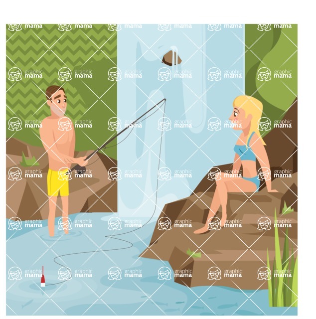 Nature Backgrounds, Patterns and Frames Themed Graphic Collection - Fishing in Wild Pond With Waterfall Illustration